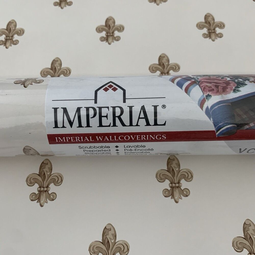 Imperial  Fleur-De-lis Wallpaper Gold On Off White Background 20.5 X 11yds